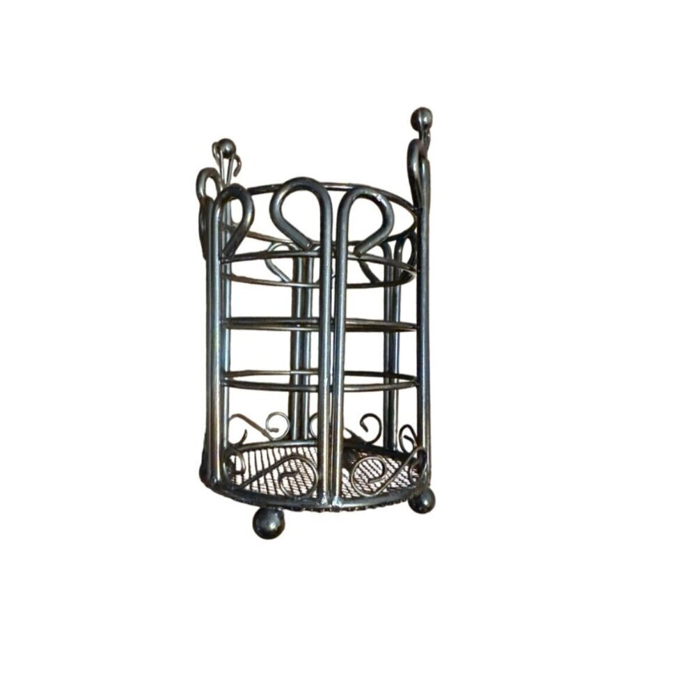 Vintage Black Metal Utensil Holder With Scrollwork Design & Mesh Bottom